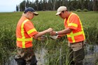 Two scientists look at a specimen in a summer meadow.