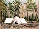 An illustration of a canvas tent in a forest with downed trees.