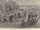 Illustration of soldiers on horseback emerging from wooded area to meet in open field