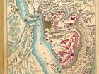 hand-drawn map of battle at fort on river, lines mark troop movement in pink and purple