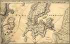 A historic map depicts a section of “Lake Champlain” and several islands, black ink on parchment.