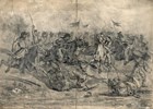 soldiers on horseback charging towards each other. 