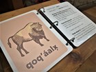 Tactile exhibit book featuring drawing of bison. Text is printed with a braille overlay. 