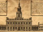 Historical sketch of the front of Independence Hall on parchment paper.