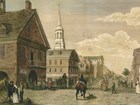 A man riding away on a horse in a busy street in Philadelphia in 1800.