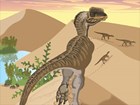 Color illustration of a dinosaur walking on a sand dune ridge