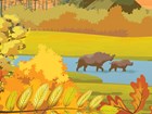 Color Illustration of prehistoric animals crossing a stream.