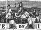 Illustration of three people holding symbolic items related to work and justice