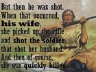 Oil painting of woman with rifle sitting in field next to dead man.