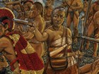 Oil painting of heroic Hawaiian woman with musket, surrounded by warriors