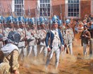 The painting depicts Black Soldiers marching in a disciplined column.
