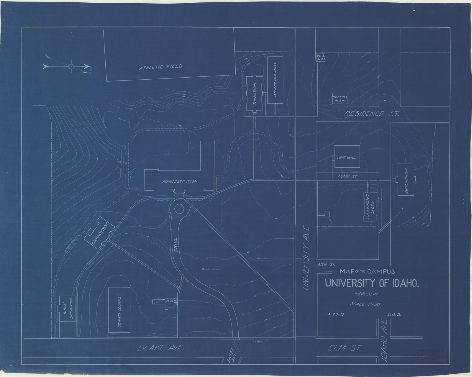 Blueprint of college campus with buildings, paths leading to them, and topographical lines