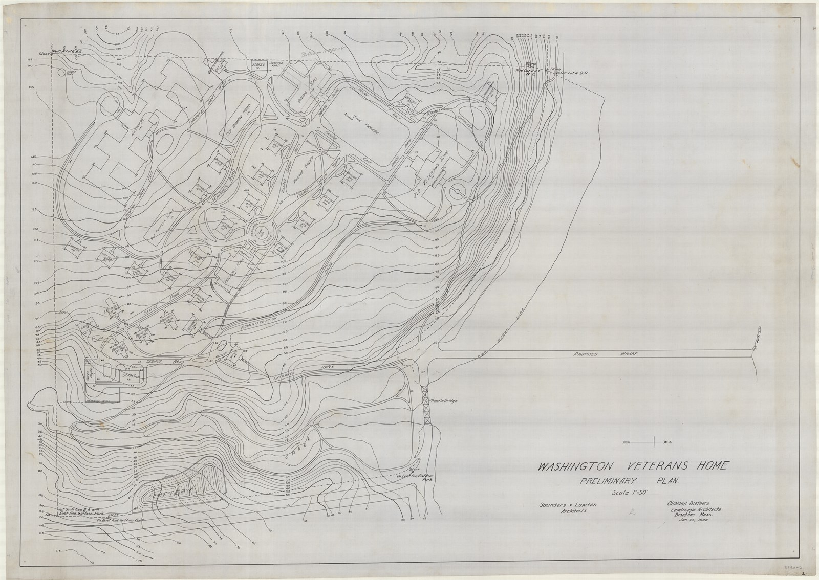 Pencil plan of buildings with paths around them on cliff with topographical lines