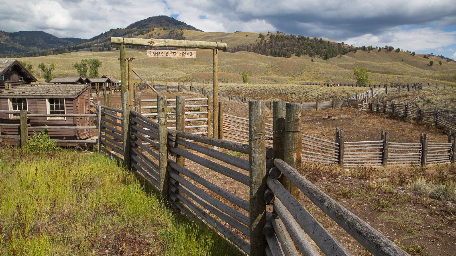 A rustic wooden fence and corral with the sign Lamar Buffalo Ranch next to wooden buildings.