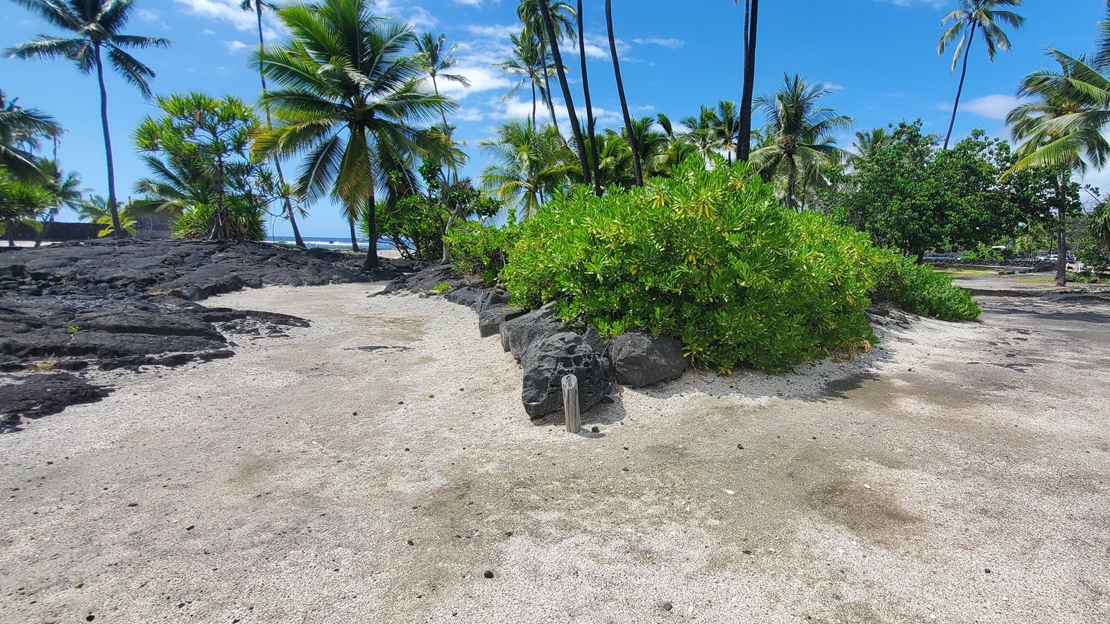 White coral sand, vibrant greenery, towering coconut trees, and black lava rock of the Royal Grounds