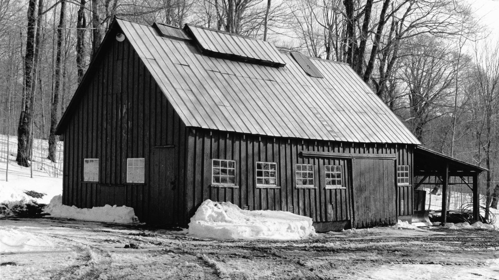Wood-plank cabin on a snowy road