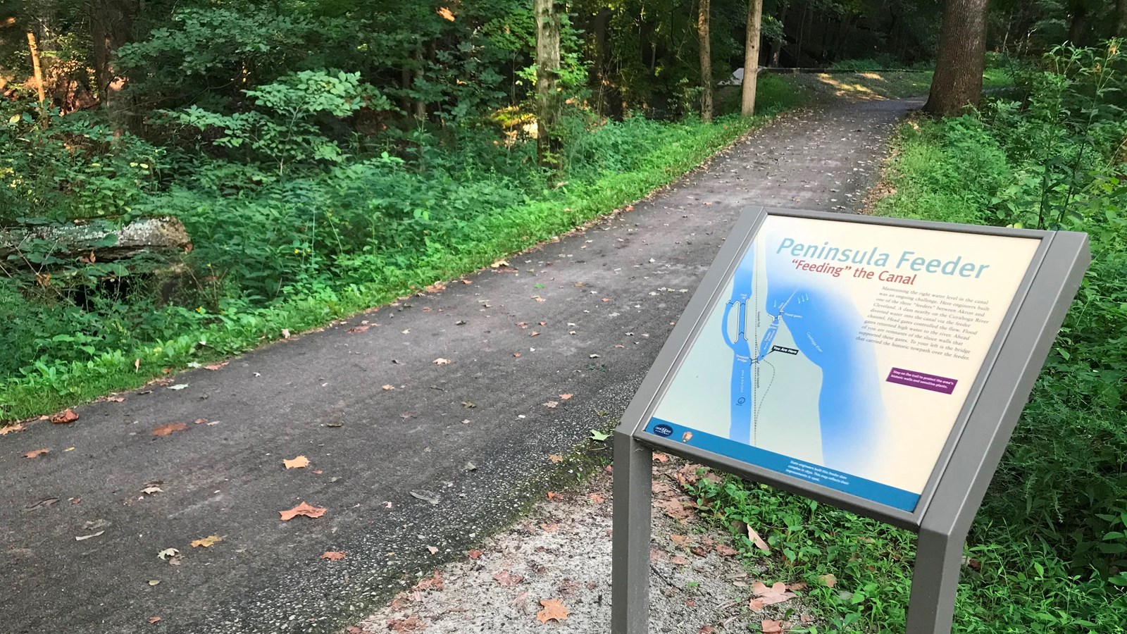 A small exhibit titled Peninsula Feeder along a paved trail in a forest.