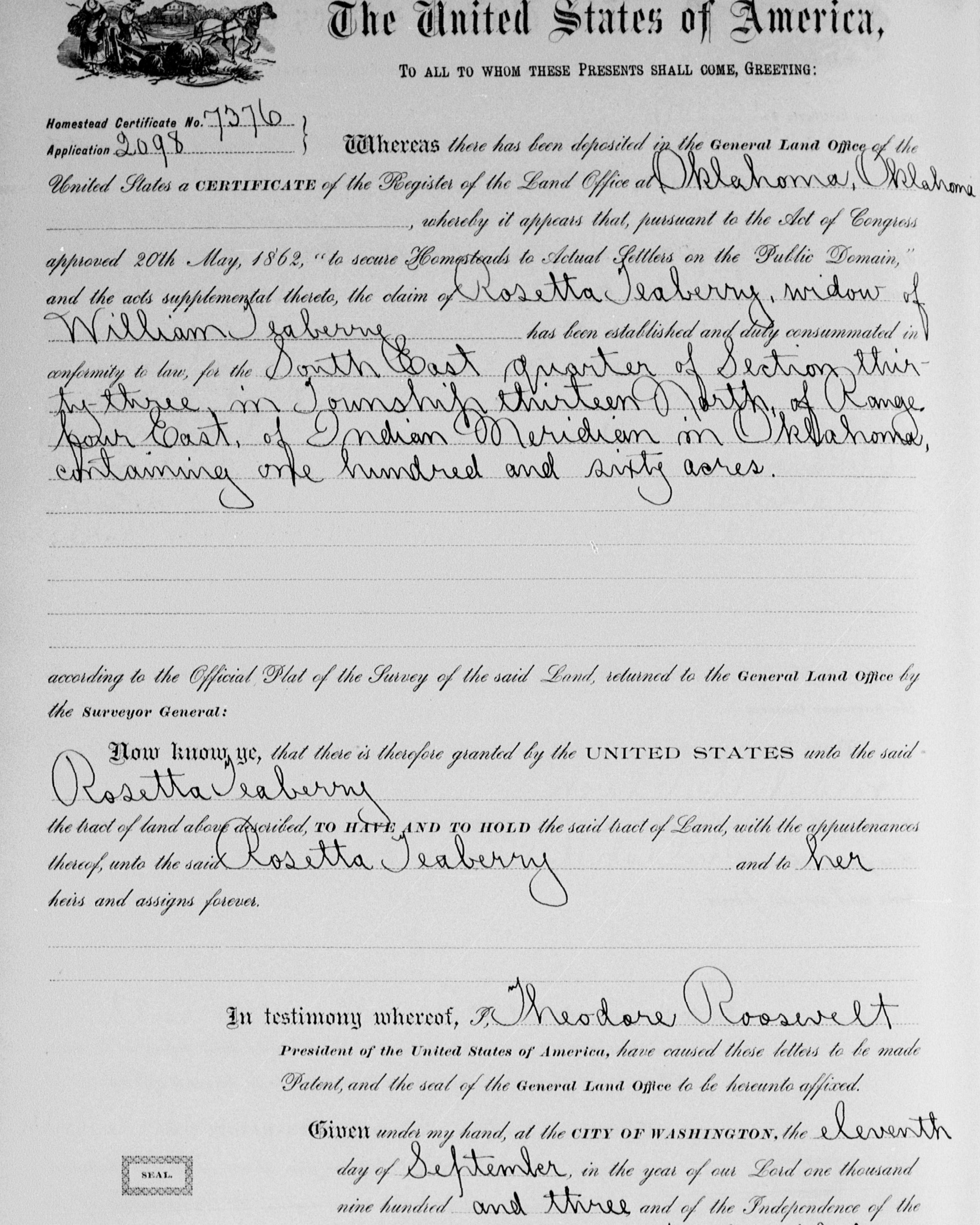 Scan of homesteading patent issued to Rosetta Teaberry under Theodore Roosevelt's presidency.