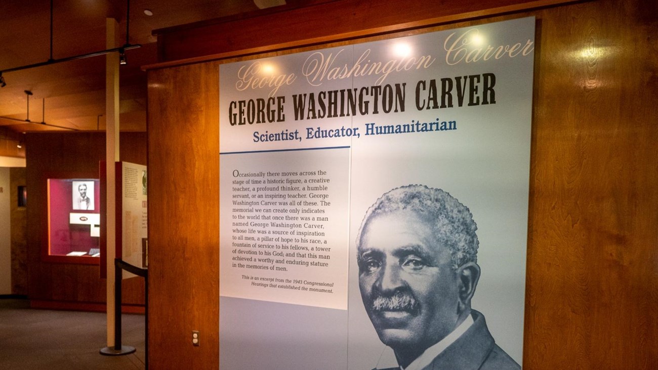 Large photograph of George Washington Carver in the visitor center.
