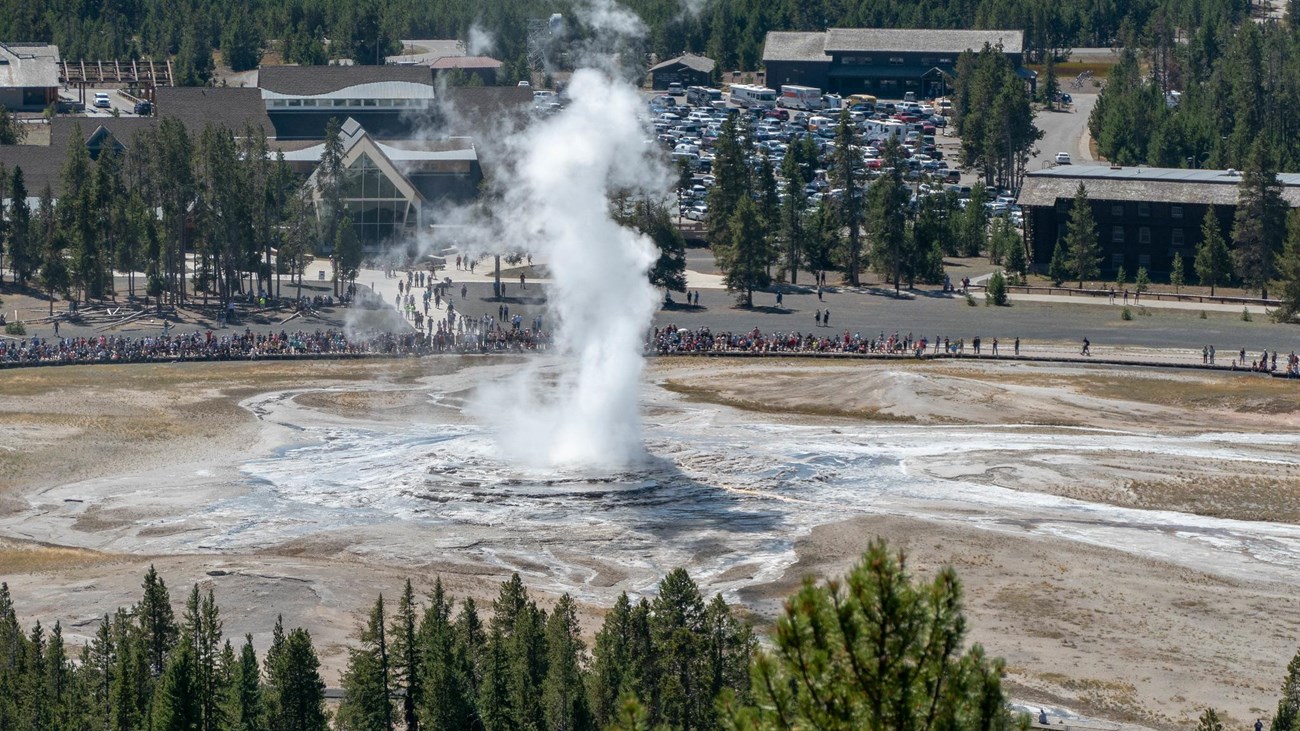 Water and steam erupt out of a geyser while people watch.