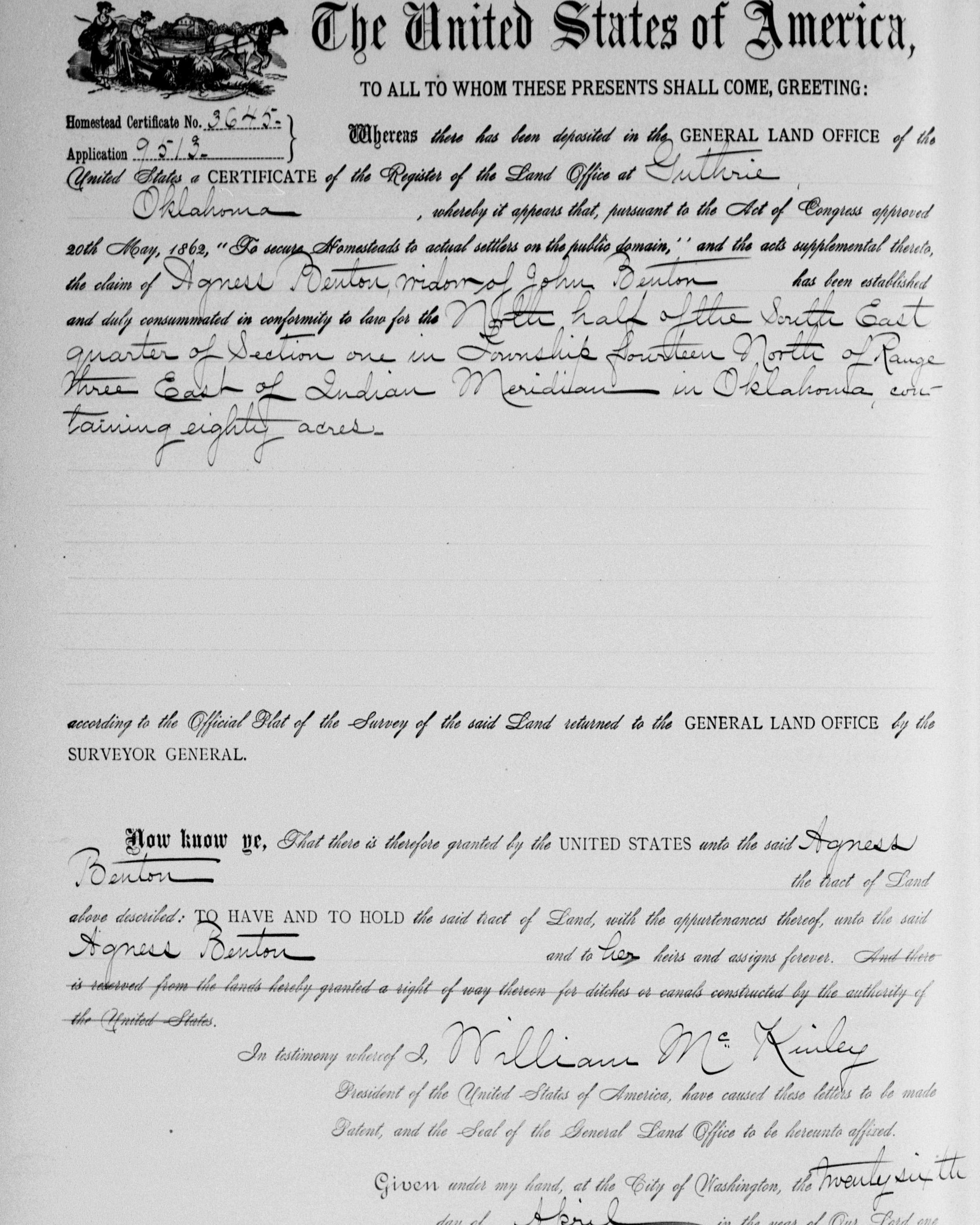 Scan of homesteading patent issued to Agness Benton under William McKinley's presidency.