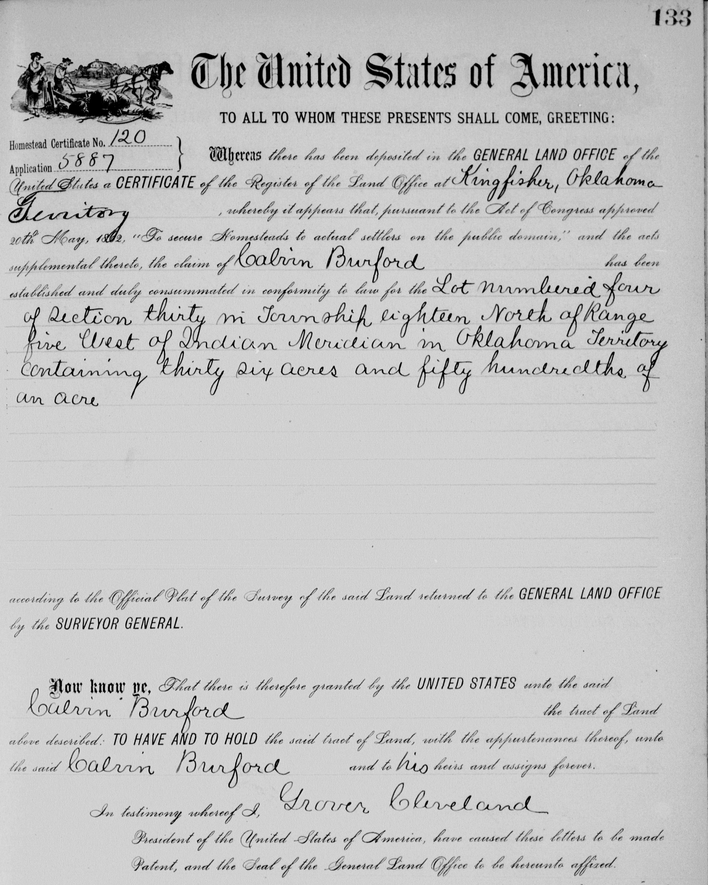 Scan of homesteading patent issued to Calvin Burford under Grover Cleveland's presidency.
