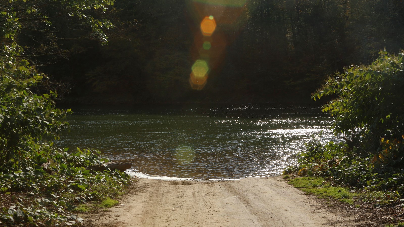 Dirt road leads straight to river. Road flanked by grass, shrubs, and trees.