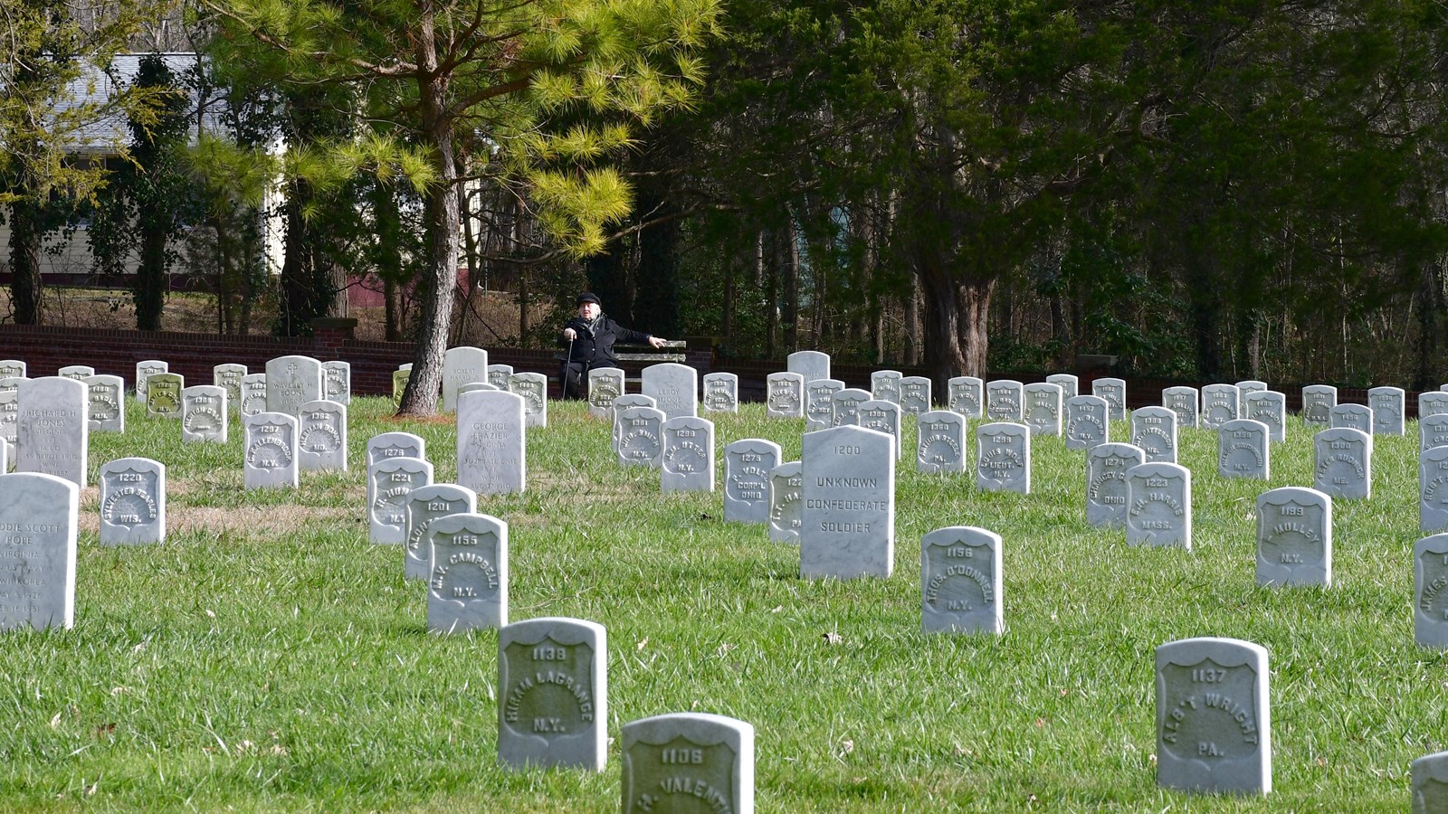 Man sits on bench surrounded by hundreds of white marble hea