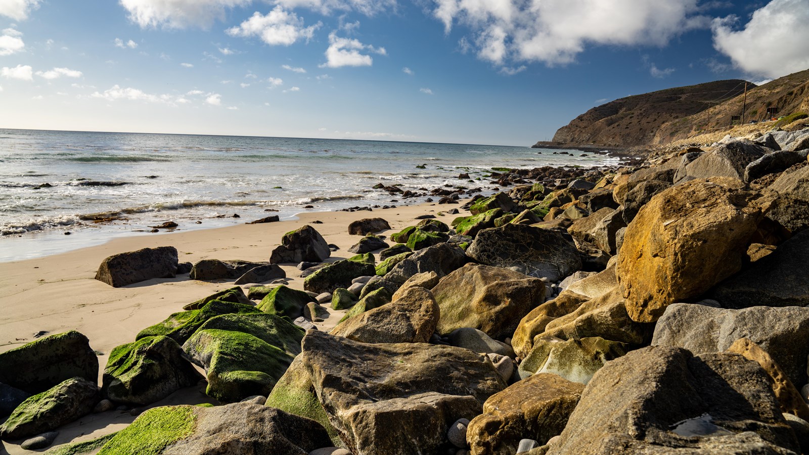 Scenic view of Deer Creek Beach\'s shoreline, featuring rocks covered with vibrant green sea moss.