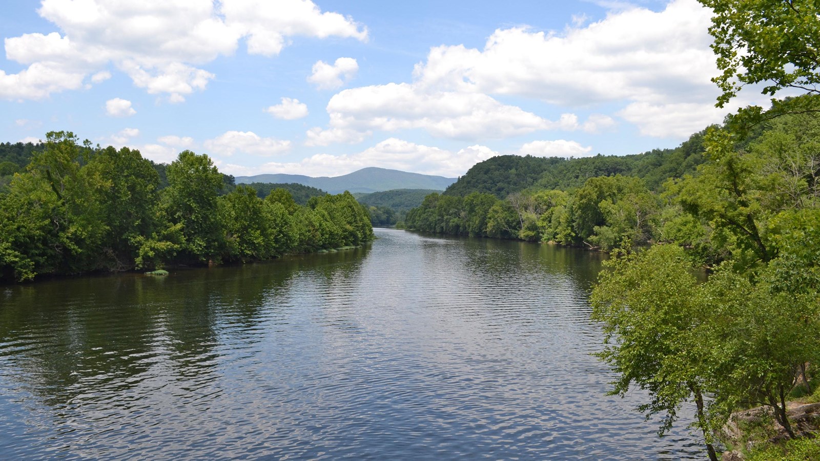 a wide, slow moving river lined by green trees reflects the blue sky 