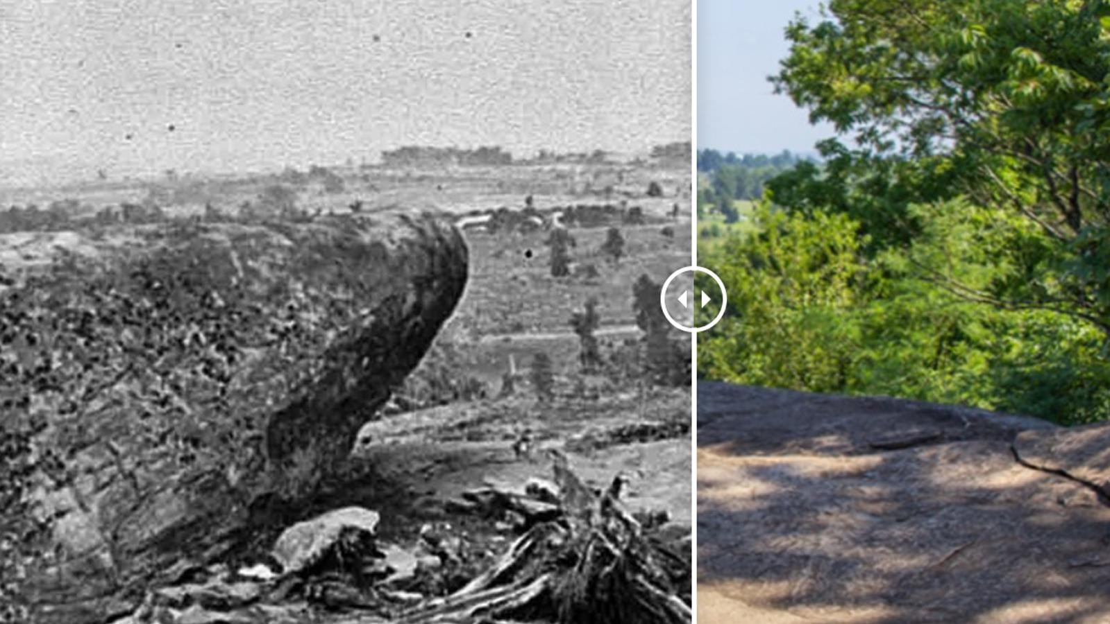 Historic image of boulders at the summit of Little Round Top with a modern image to the right.