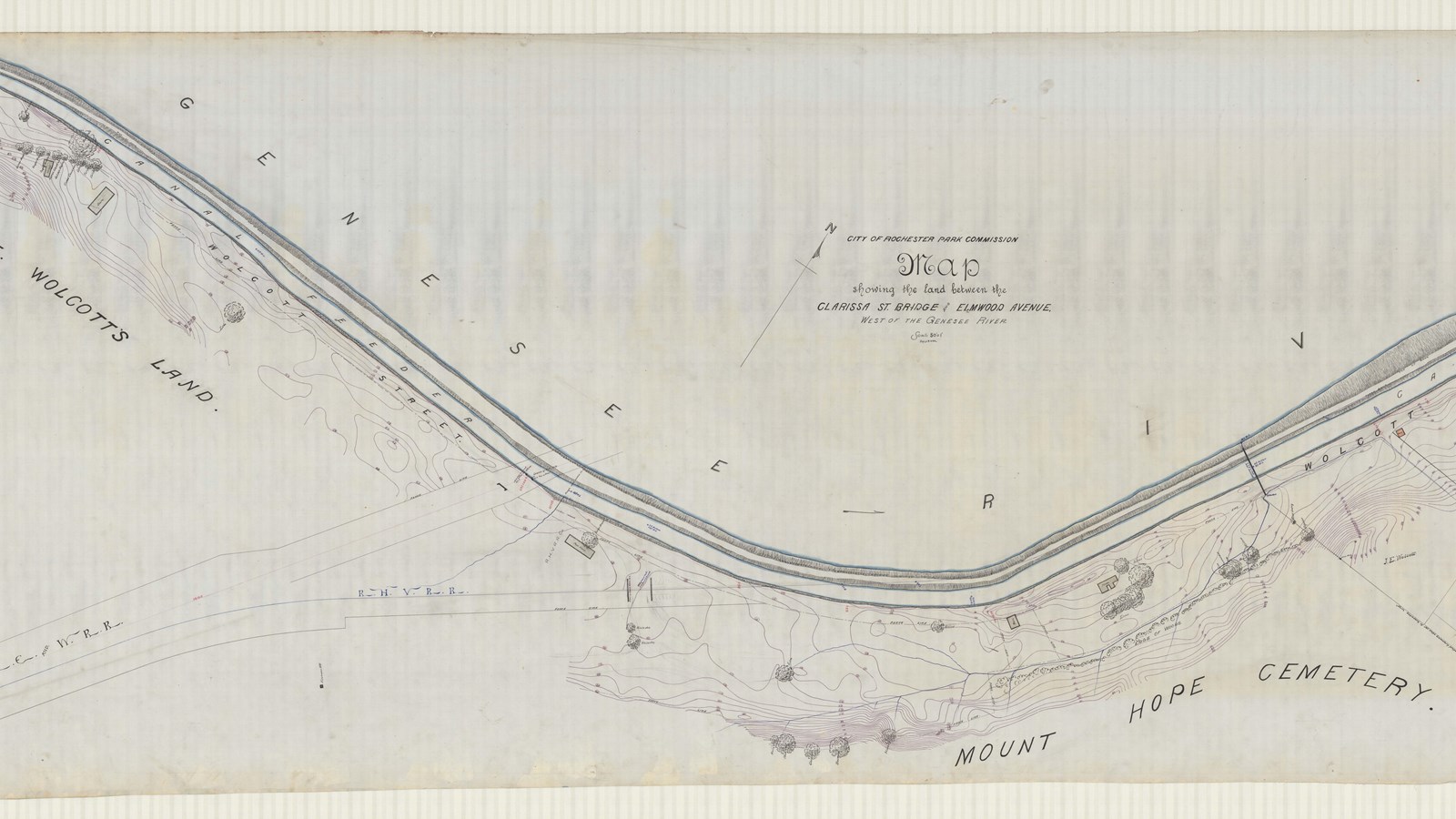 Pencil drawing of curving water with trees, buildings, and topographical lines around