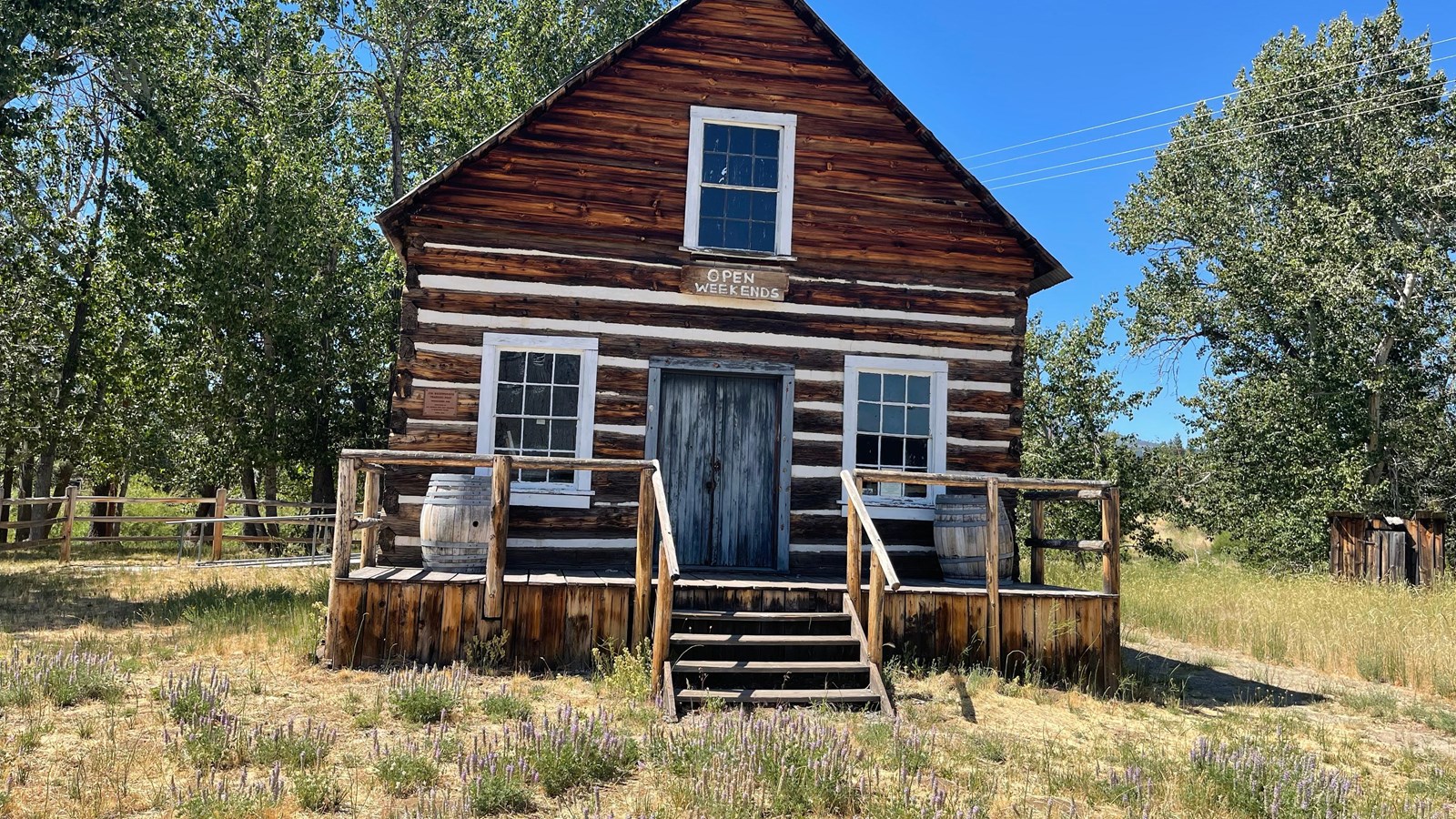 Historic log cabin with steps leading to a small door.