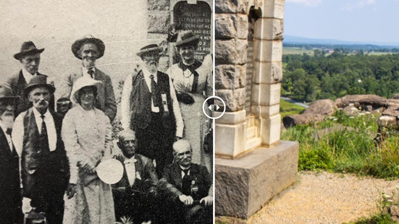 A historic image of veterans standing beside a monument to the left and a modern image to the right.