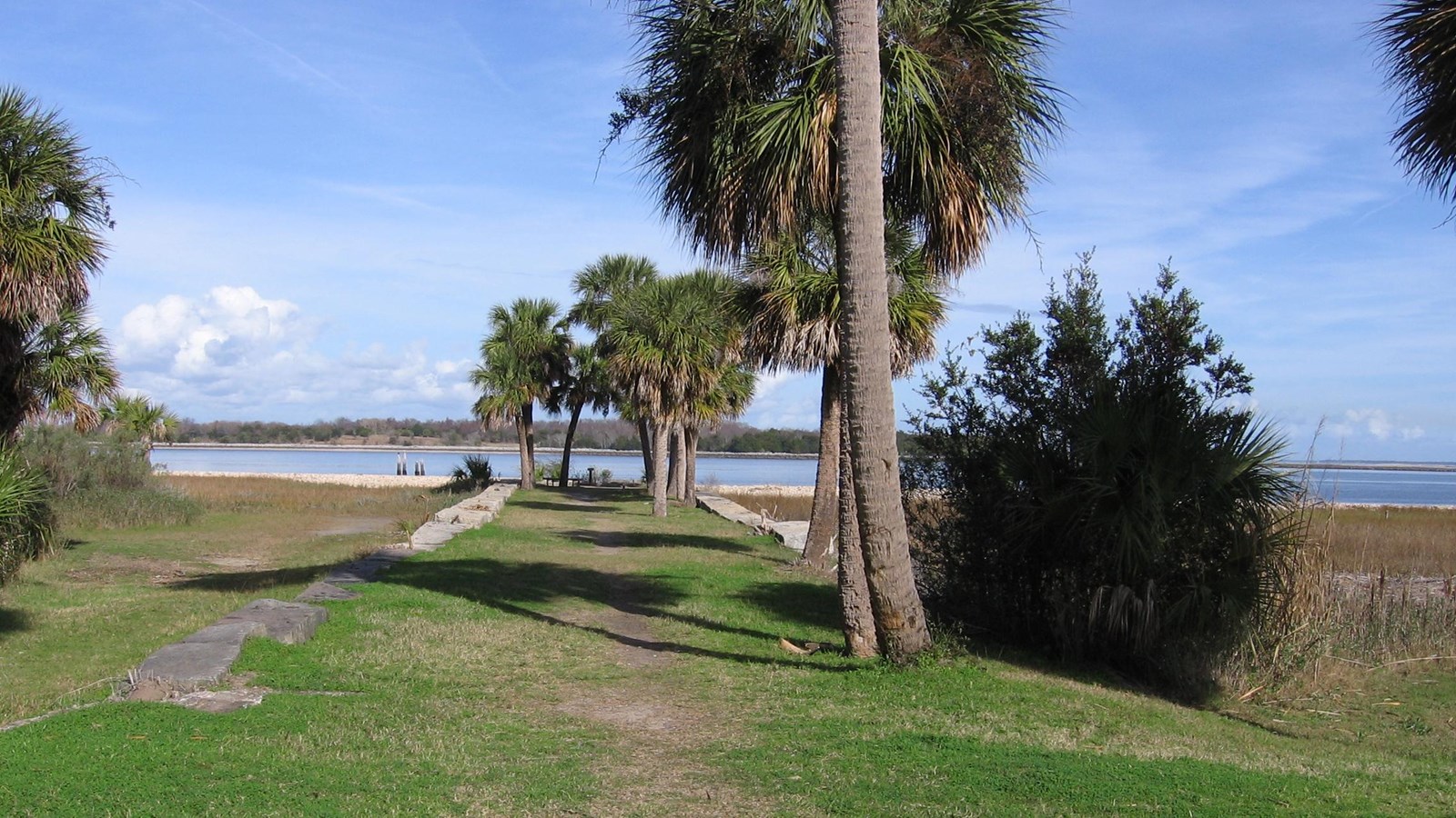 A raised grassy path bordered by granite and coastal vegetation. 