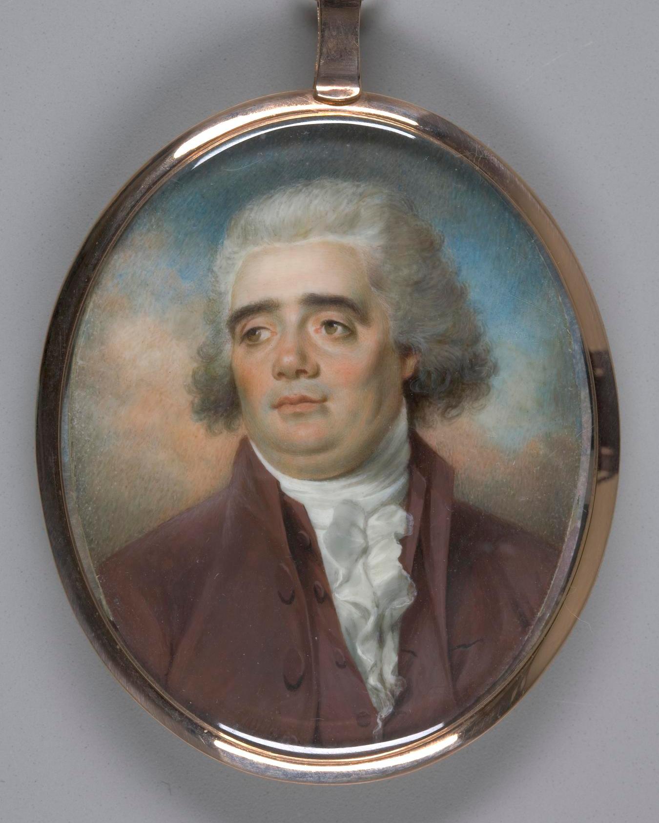 Oval portrait of man with rosy cheeks and white hair wearing burgundy coat and white cravat.