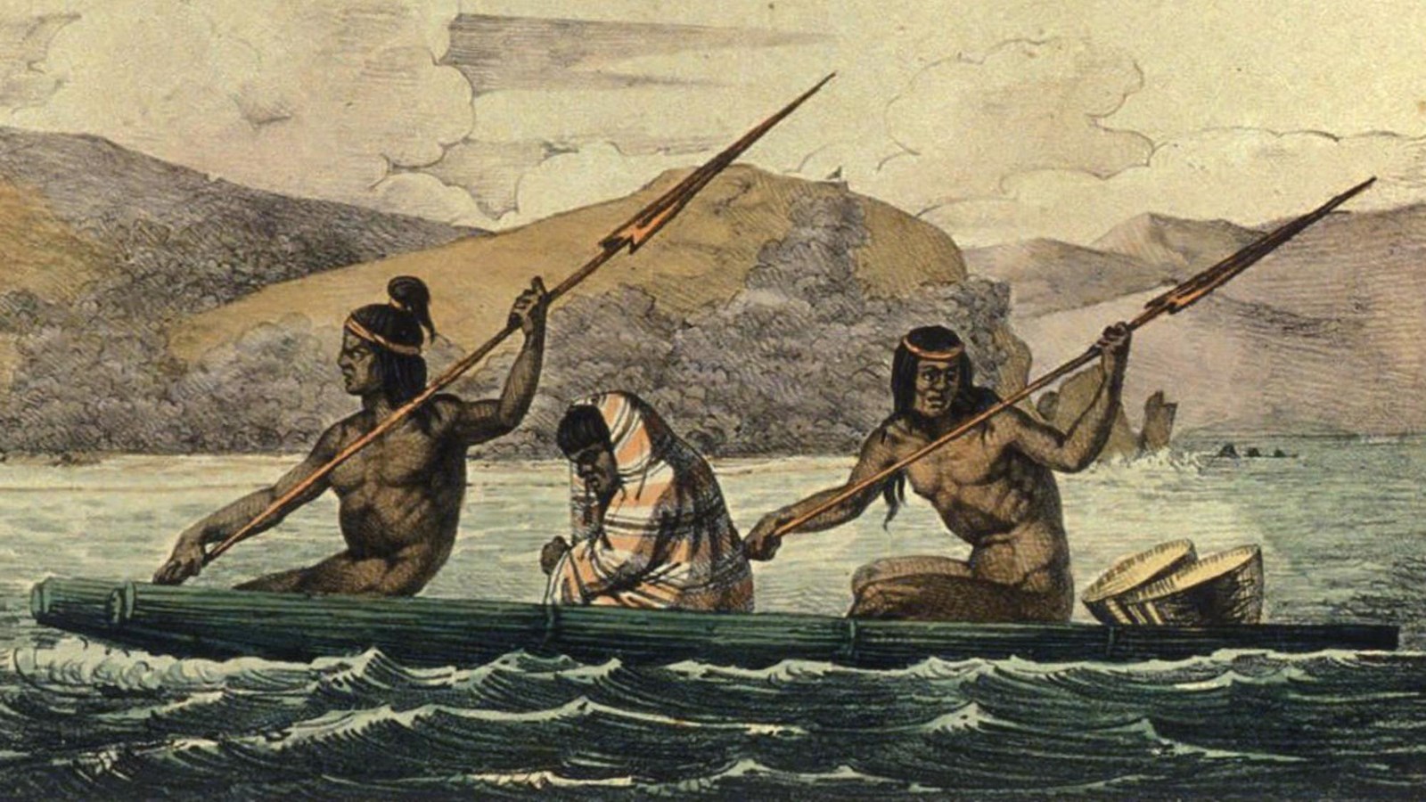 Colored illustrated depiction of 3 Coast Miwok on a canoe, two of them are rowing long skinny oars