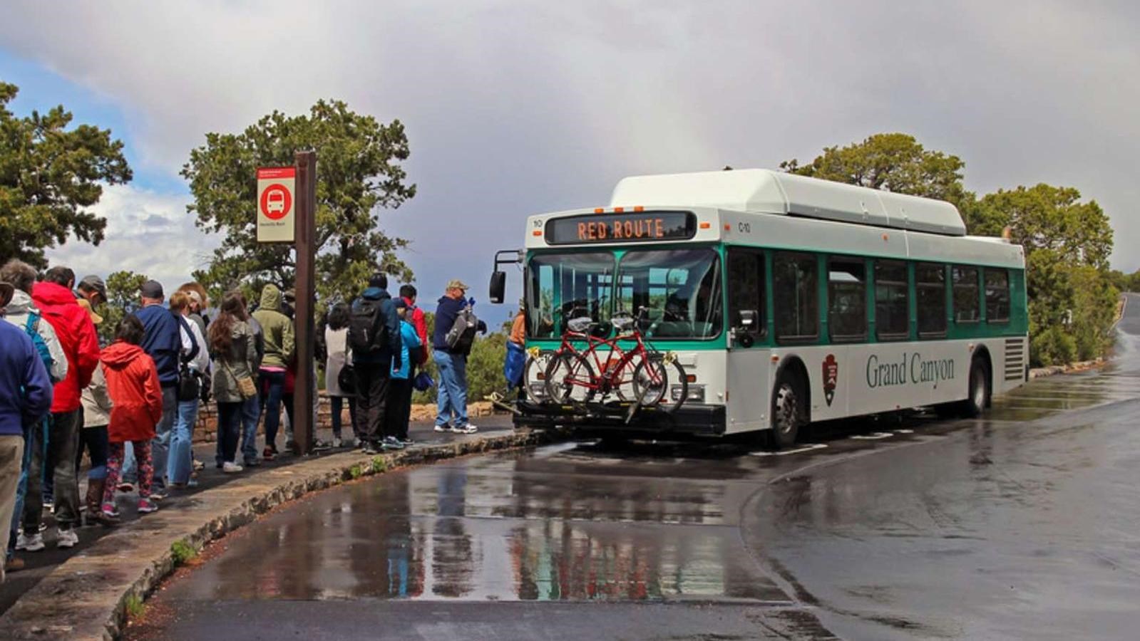 A large white bus with a green stripe waits as people load. The pavement is wet from recent rain.