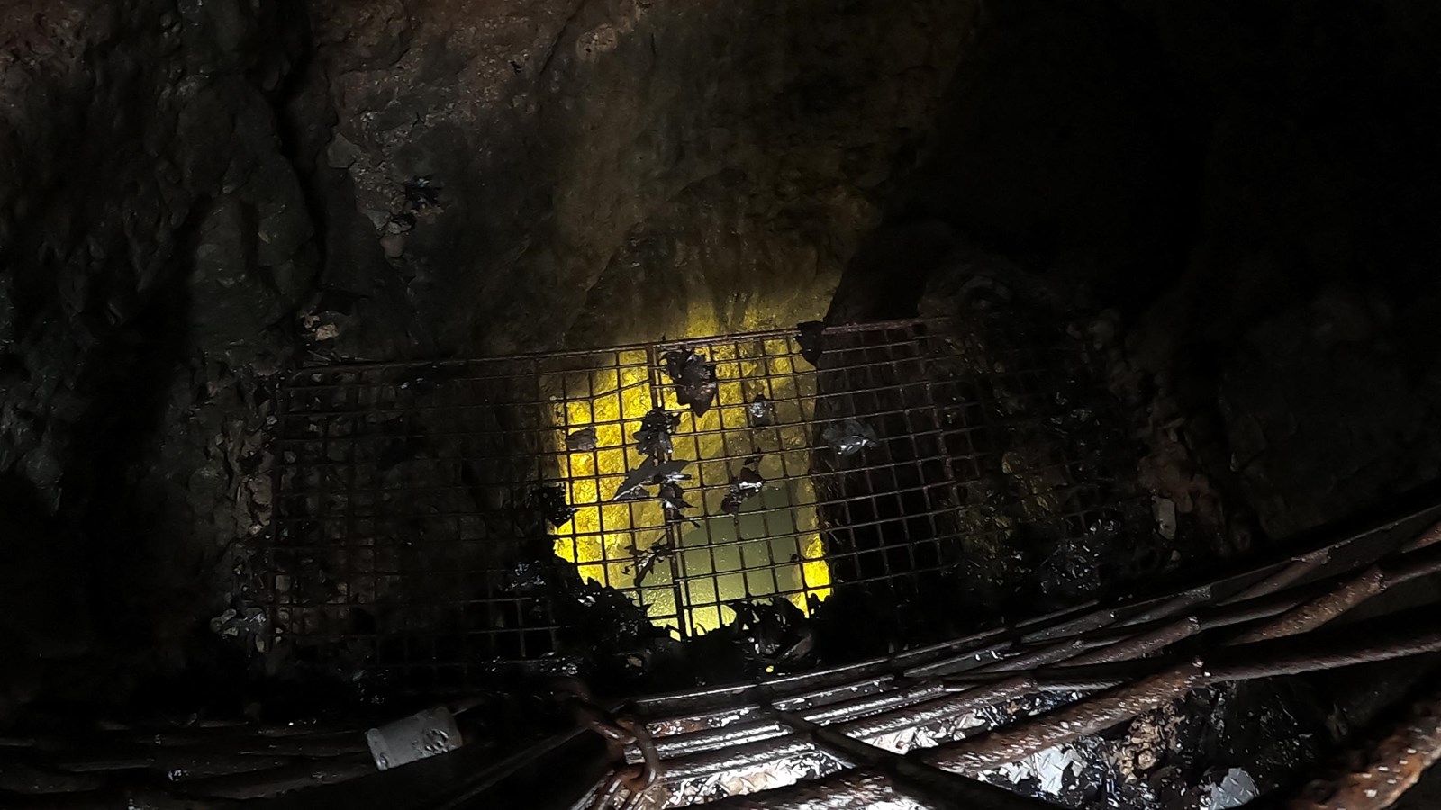 A look into a hole in grey rock below, water can been seen by the illuminated light