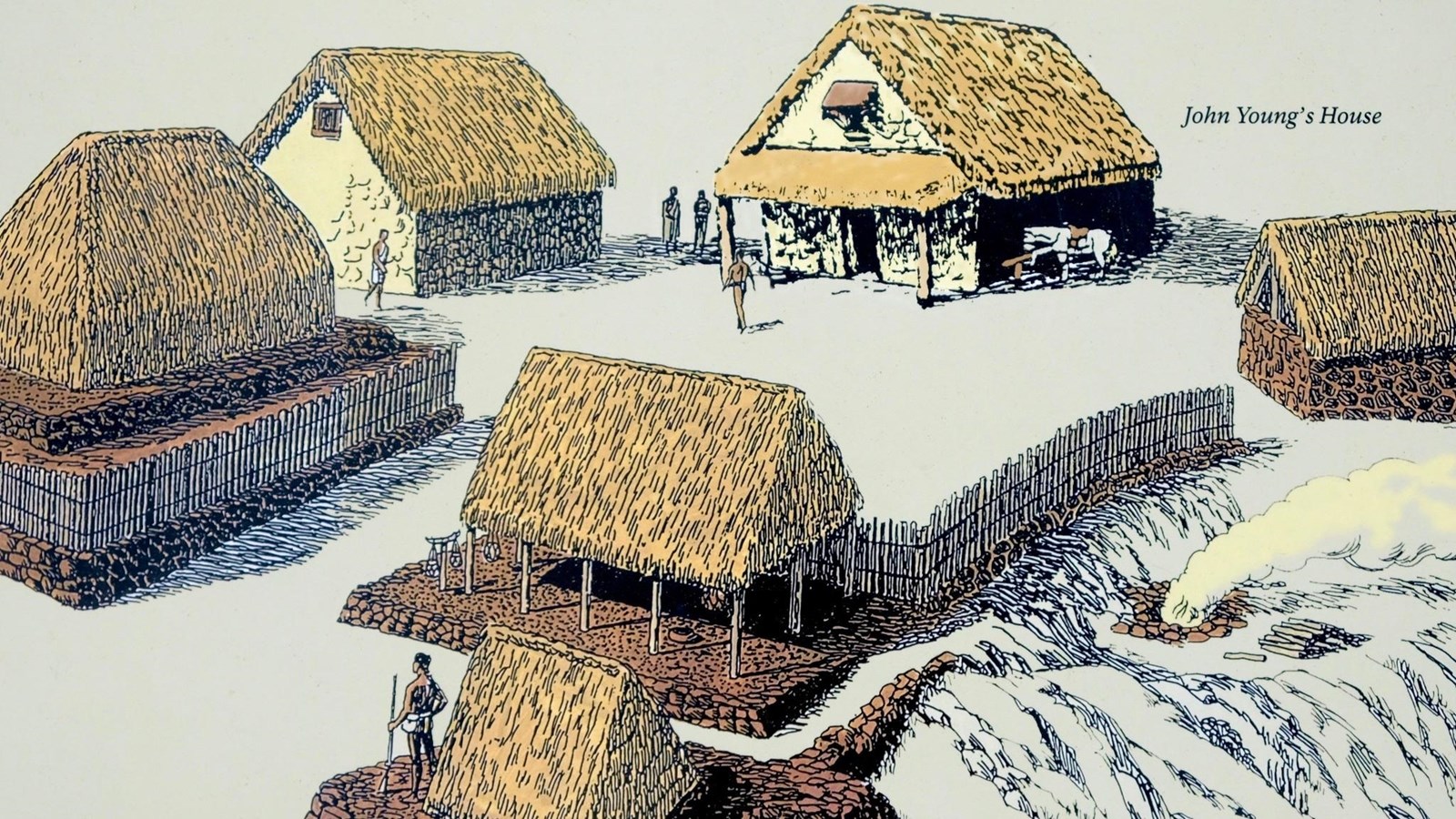 Artist depiction of a homestead, consisting of six small buildings with thatched roofs