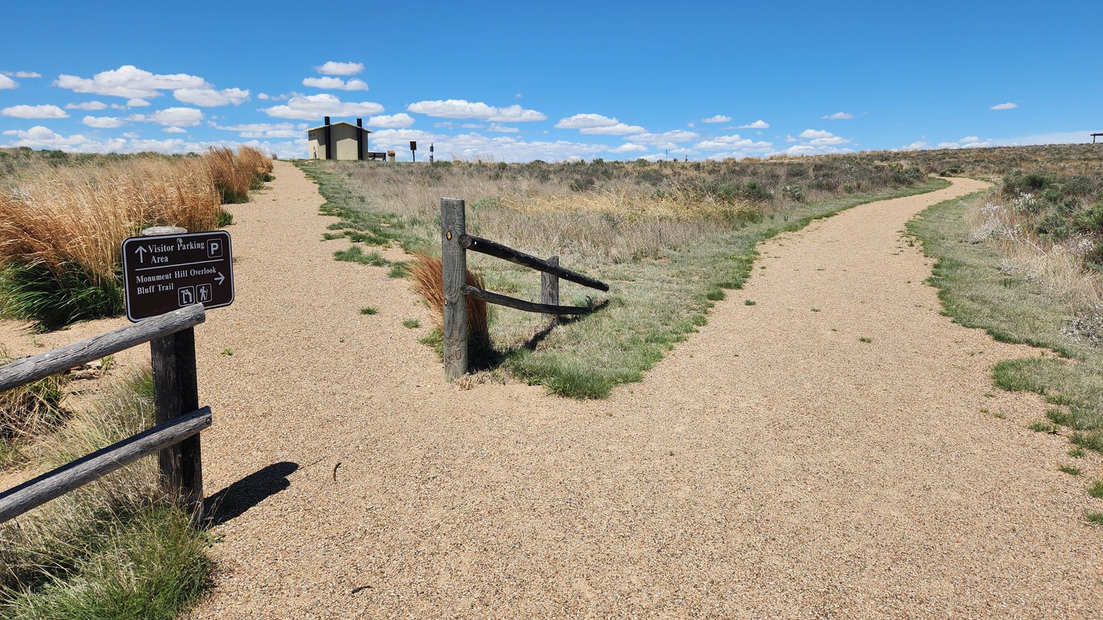A gravel trail splits in two directions