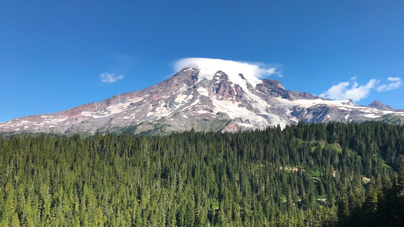 A view of a glaciated mountain rising above forested slopes.