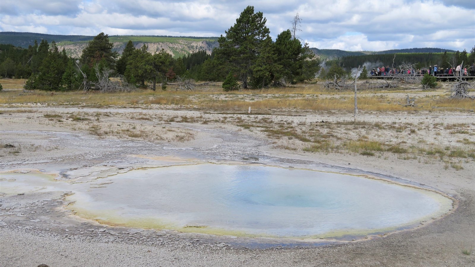 A hot spring sits in a gesyer basin.