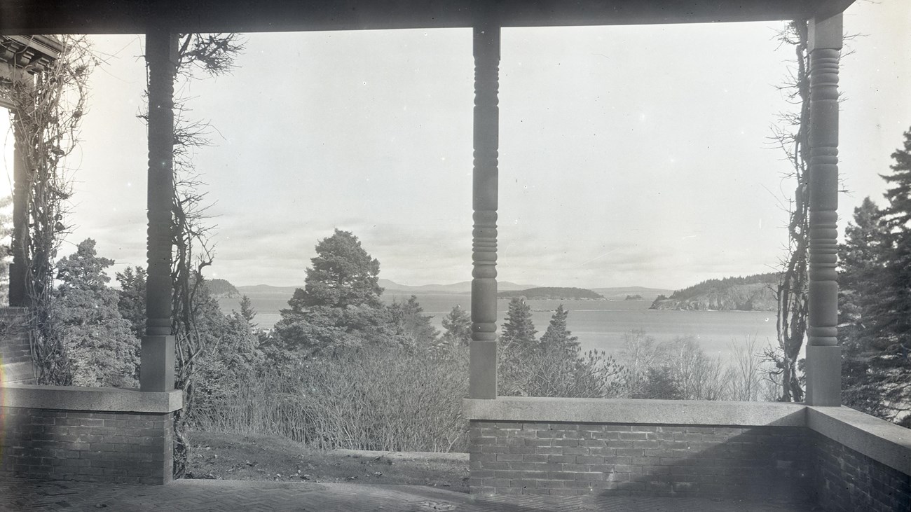 View from a covered patio across trees in foreground of a harbor and islands in the distance.