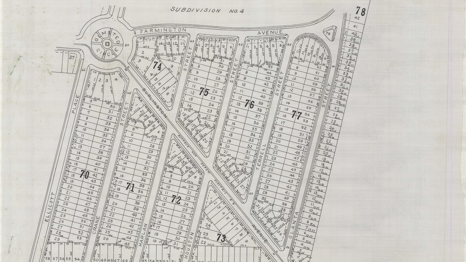 Pencil plan of community with circle at top, three straight lines going out, with square lots 