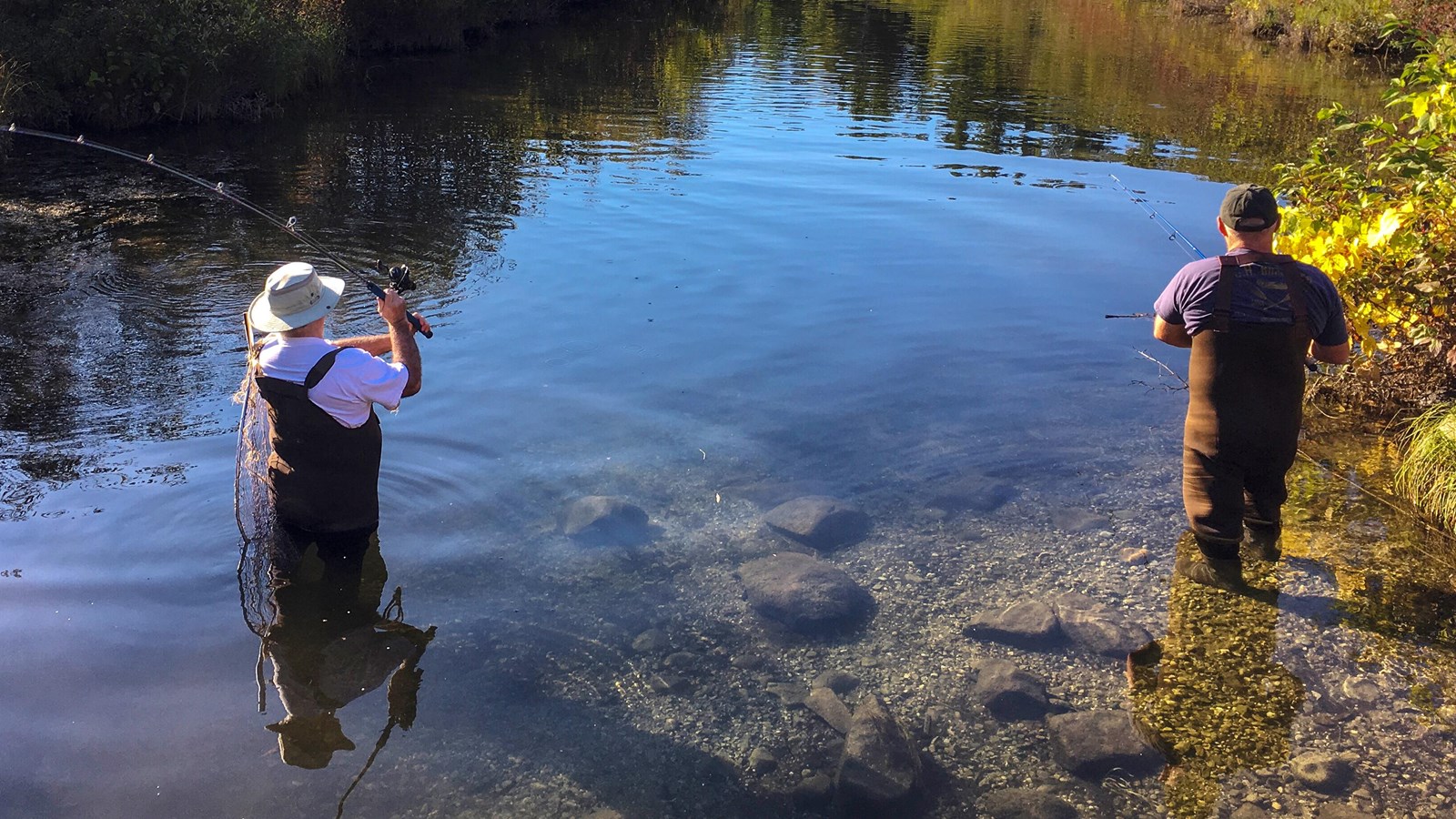 Two men in bib waders, backs to us, cast their fishing rods into clear blue stream