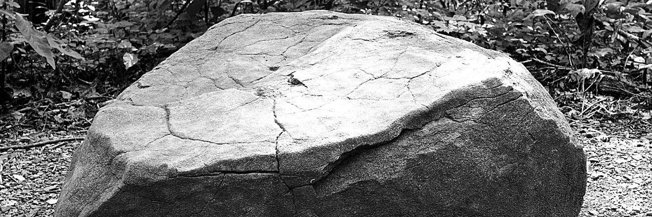 Large stone on side of trail with plaque in front on the ground.