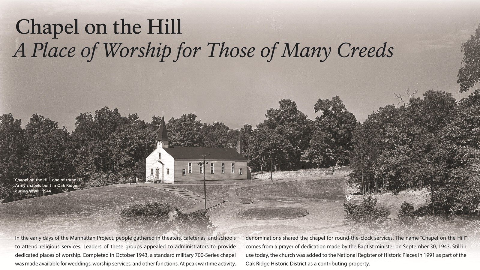 An image of the Chapel on the Hill wayside, showing a white church with a title and text.