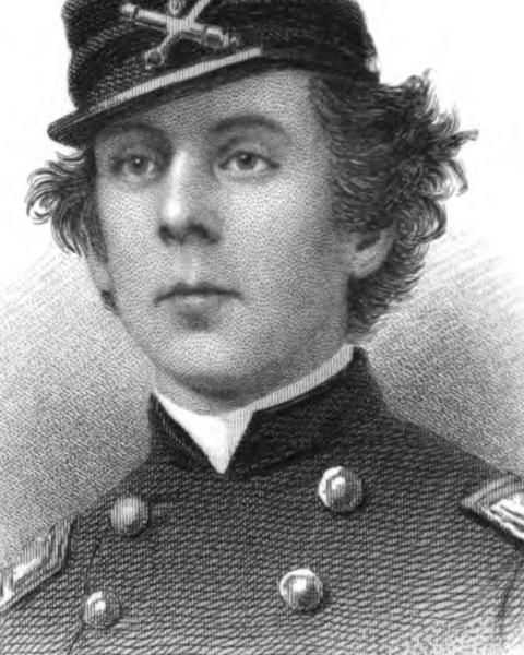 A portrait sketch depicts a US Army officer from the Civil War era.