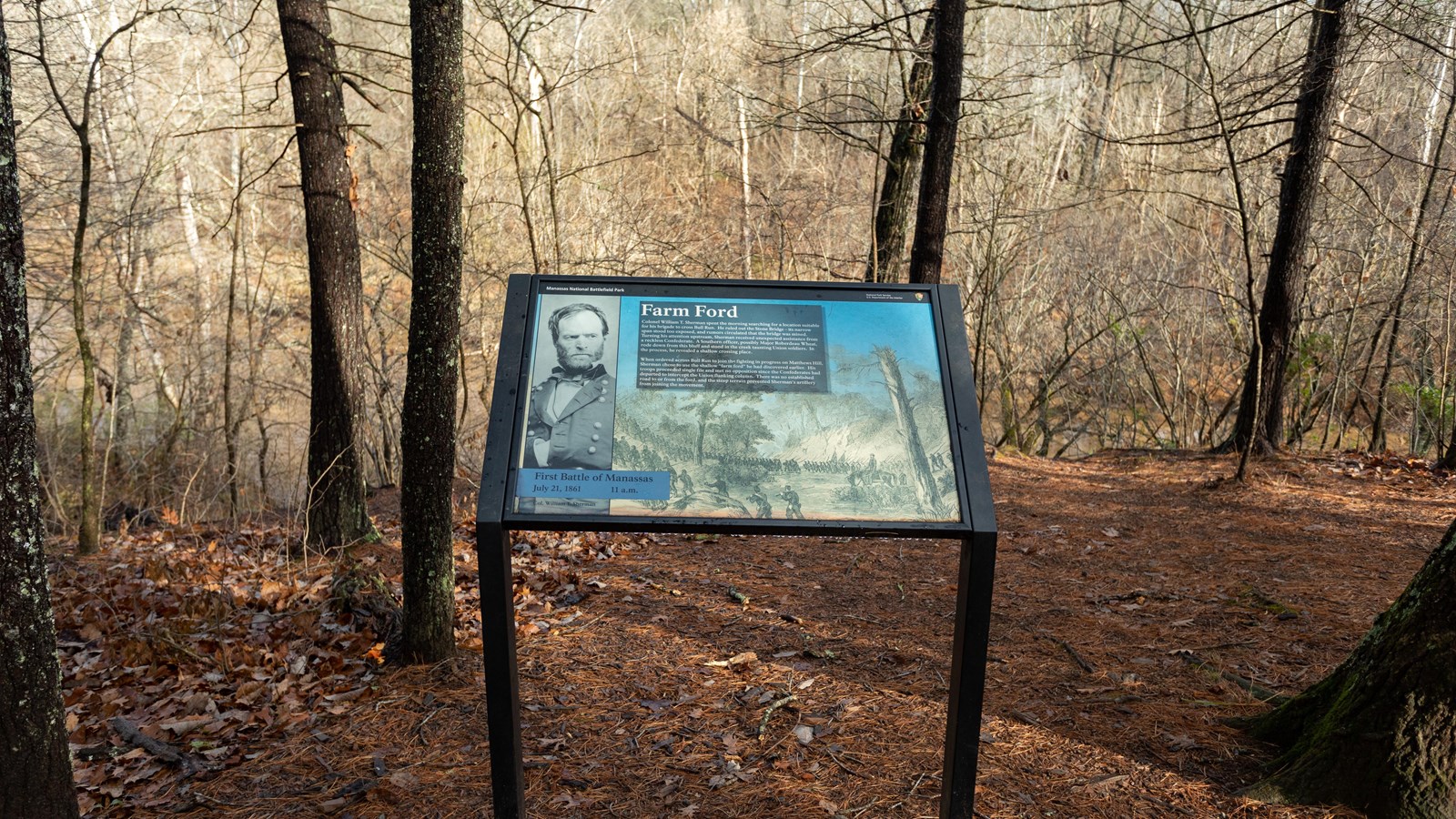 A drawing of the battle at farm ford is positioned next to a picture of William Sherman.
